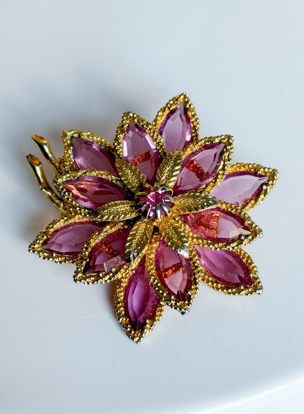 Vintage Pink Rhinestone Flower Brooch Gold Tone Marquise Navette Floral Pin